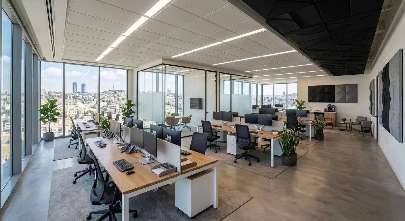 ERGO workspace installation Amman Jordan — open plan office with glass partitions